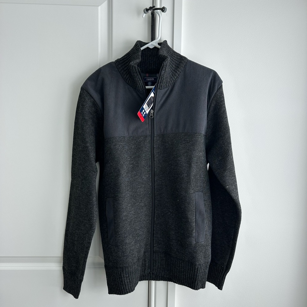 Izod Men's Dark Gray and Black Zip-Up Sweater